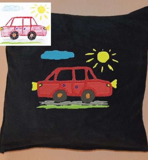 polštářek s výšivkou dětské kresby